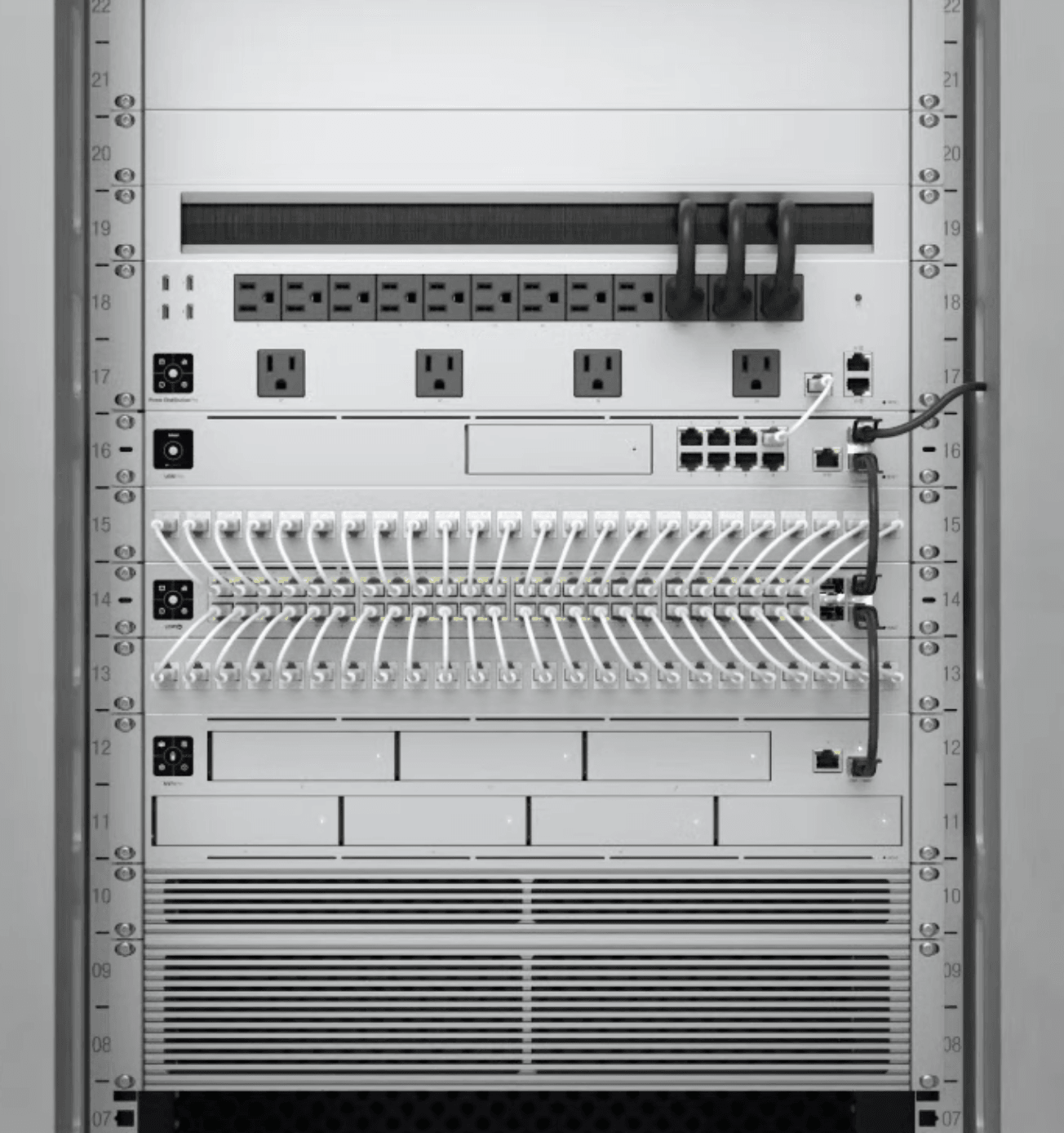 Ubiquiti network rack with patch panel and managed switches