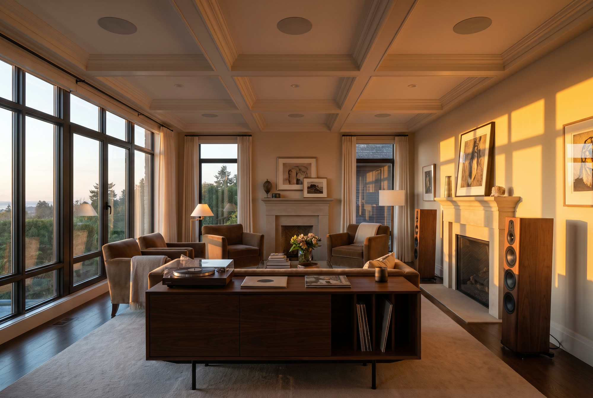Rendering of a living room with architectural speakers built into the wall.
