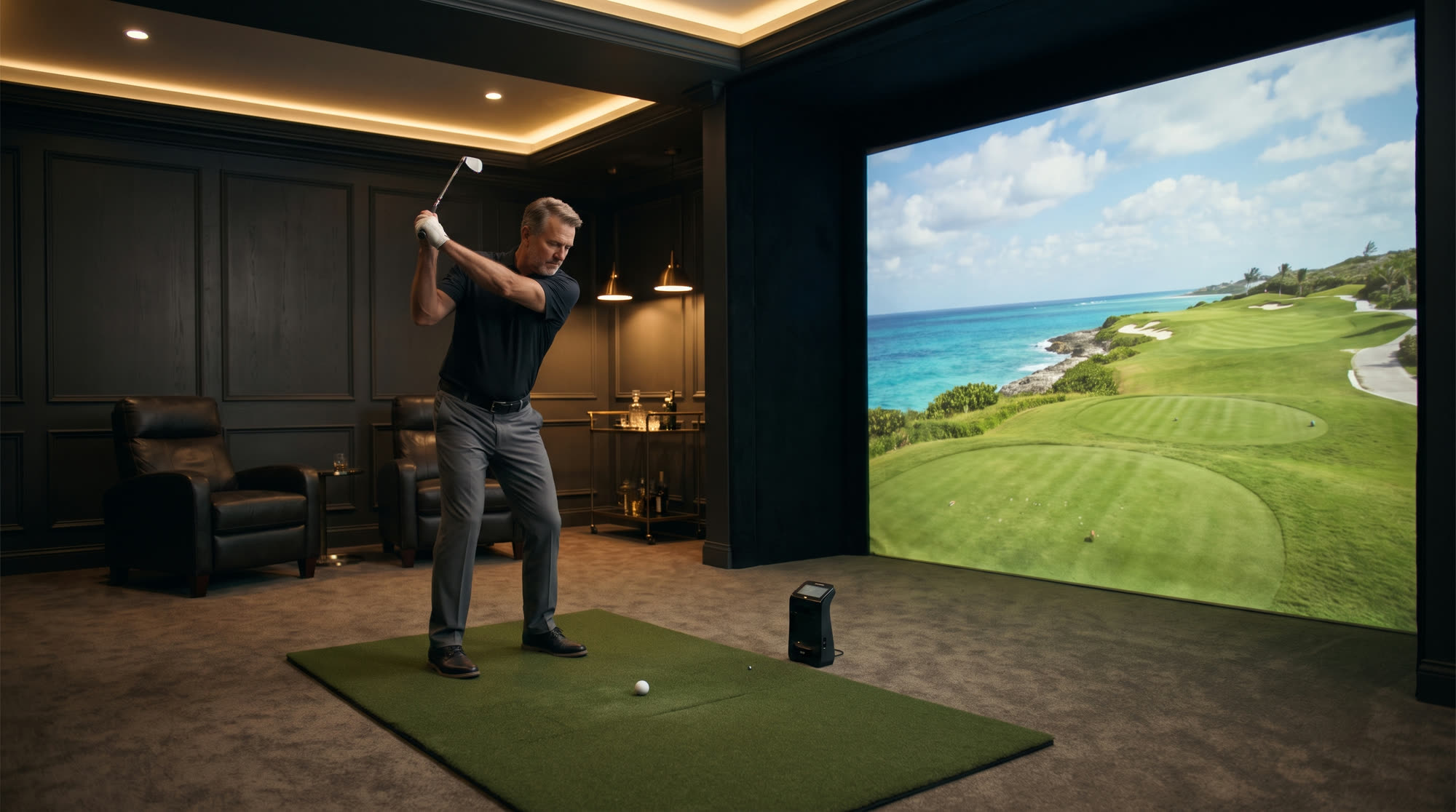 Rendering of a golf simulator bay with a player mid-swing in front of the screen.