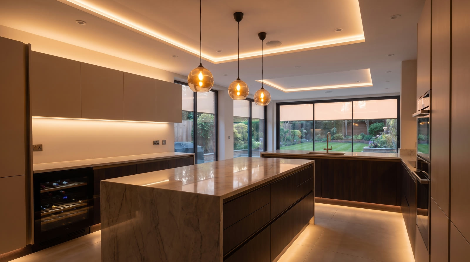 Rendering of a kitchen with cove lighting and pendants over the island, shown at the selected time of day.