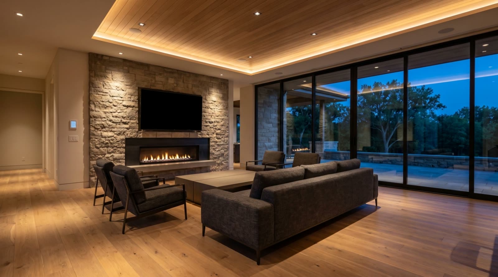 Rendering of a great room with a stone fireplace, shown in the selected scene.