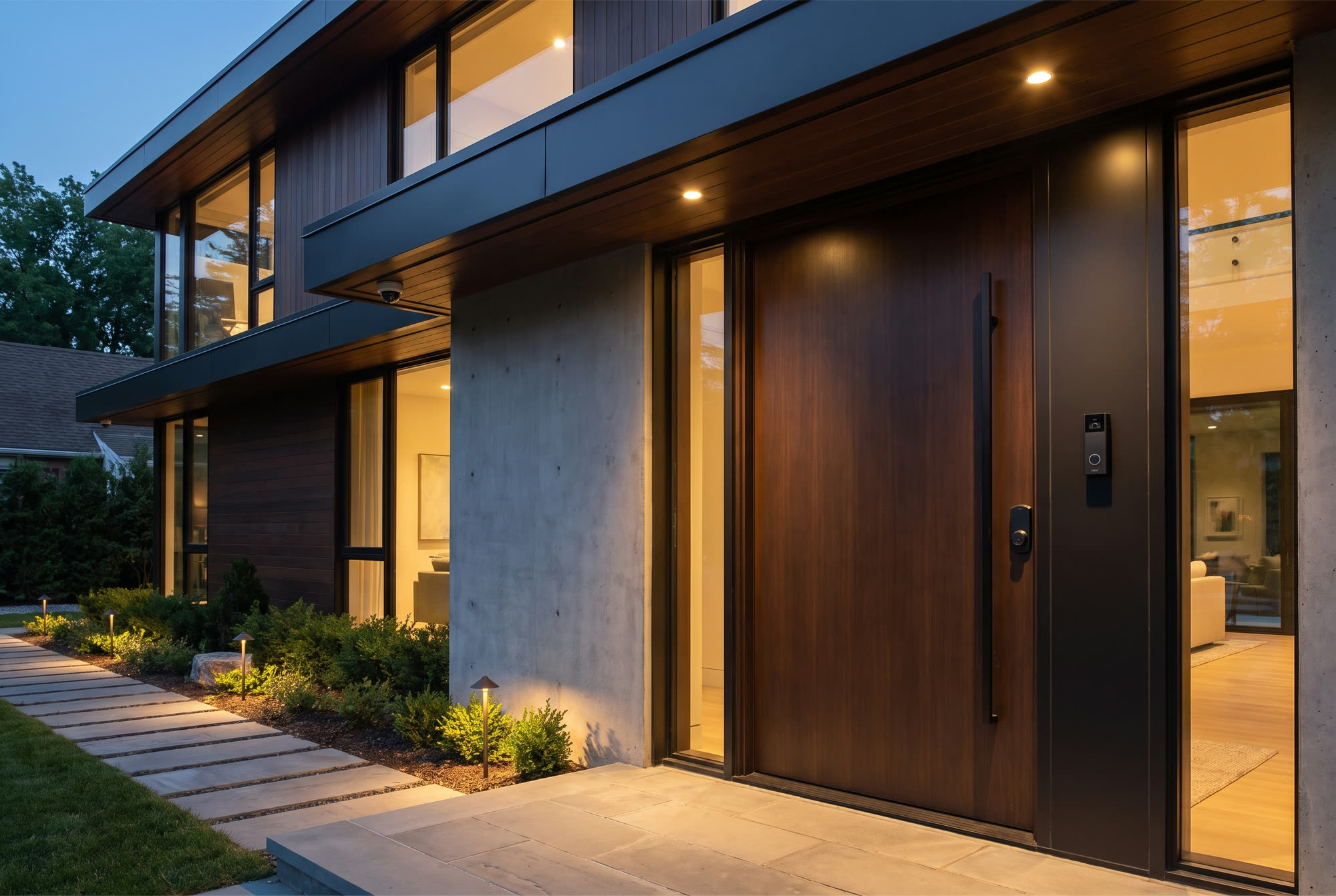 Rendering of a modern front entry at dusk with a lit walkway and a keypad by the door.