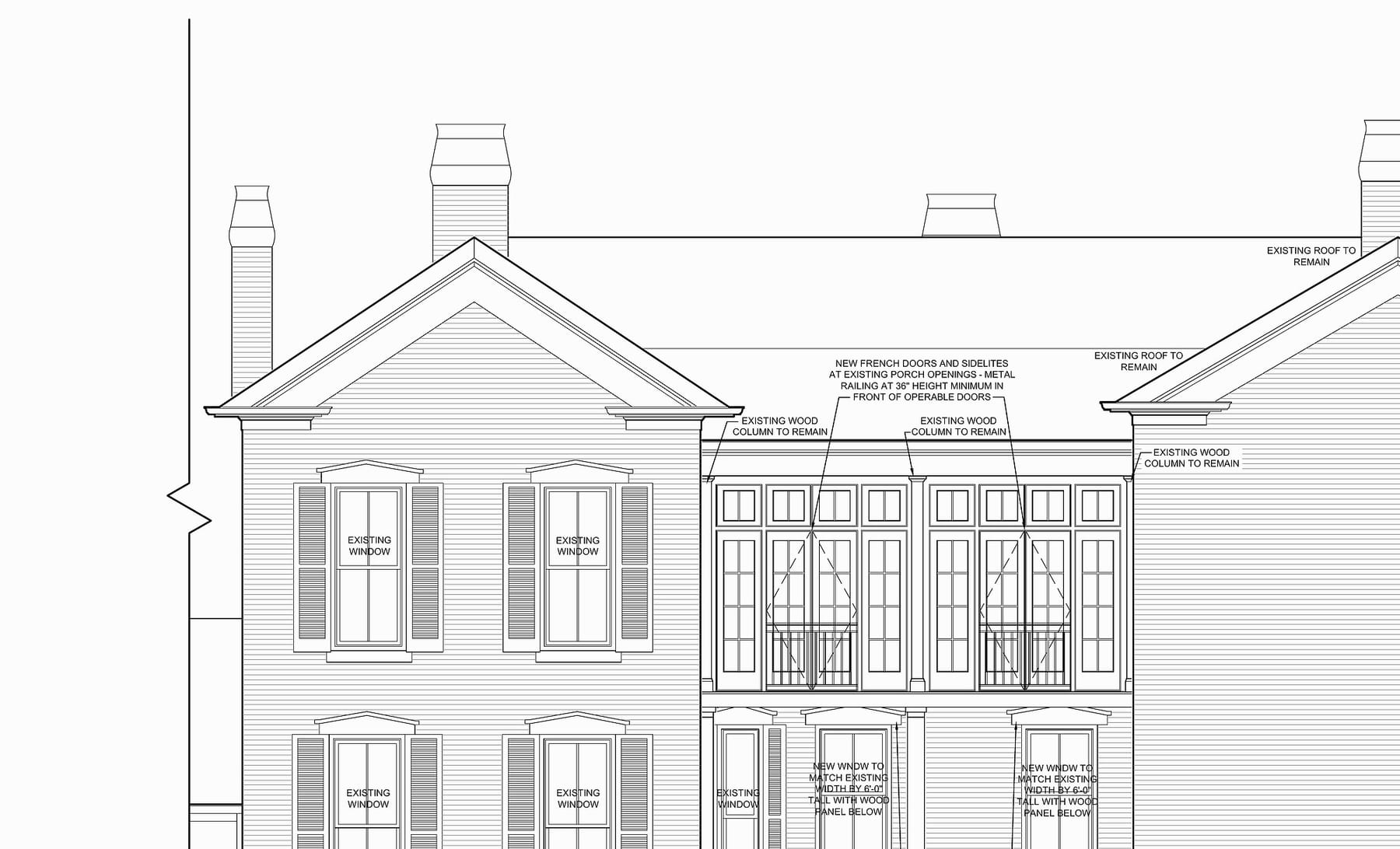 An architect’s elevation drawing of a two-storey house with shutters and a chimney.