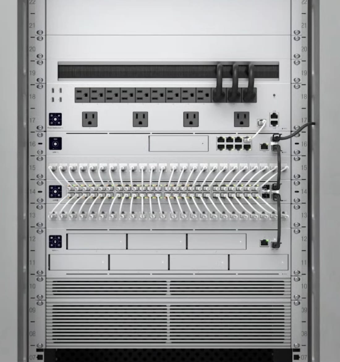 A finished equipment rack: power, switching and a patch panel, every cable terminated and dressed in line.