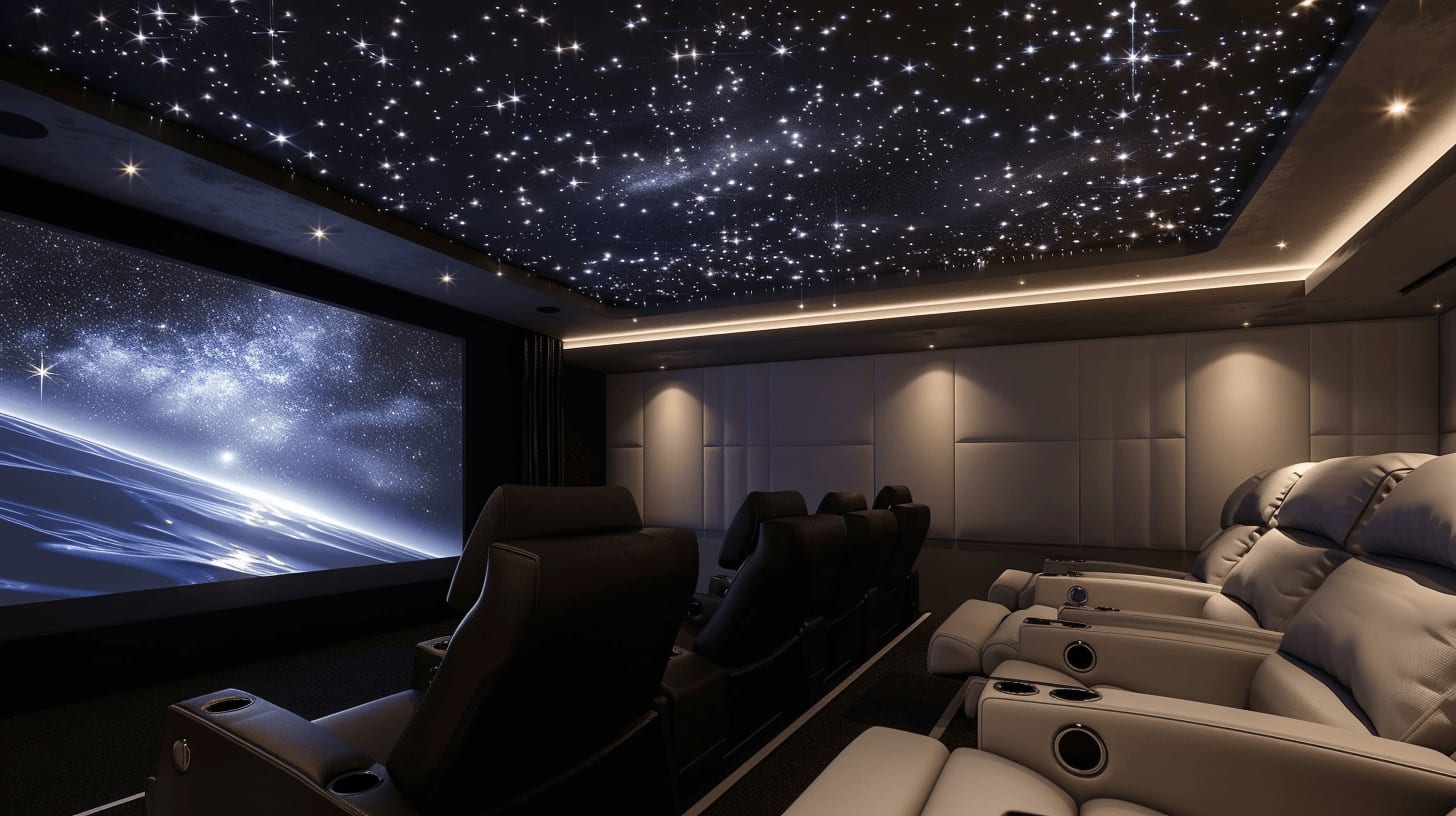 A home theater with a fiber-optic star ceiling and a wide screen.